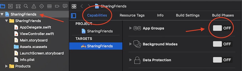 Activate App Groups capability